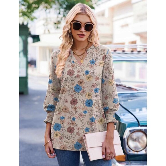 Women’s Floral V Neck Blouse 3/4 Sleeve Ruffle Cuffs Casual Top Small - Picture 6 of 7
